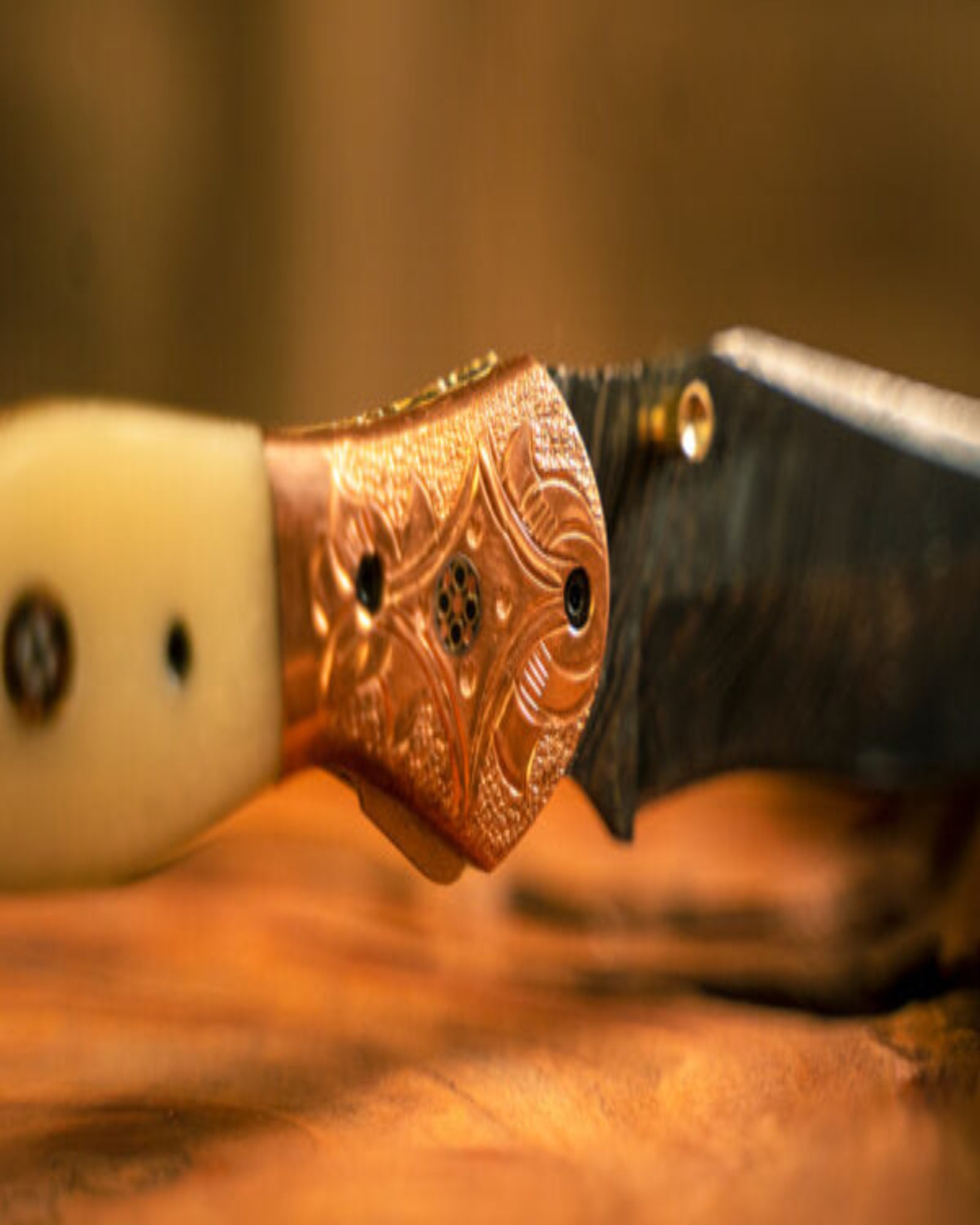 Handmade Damascus Steel Folding Knife with Double Copper – Hand-Tooled Pocket Knife