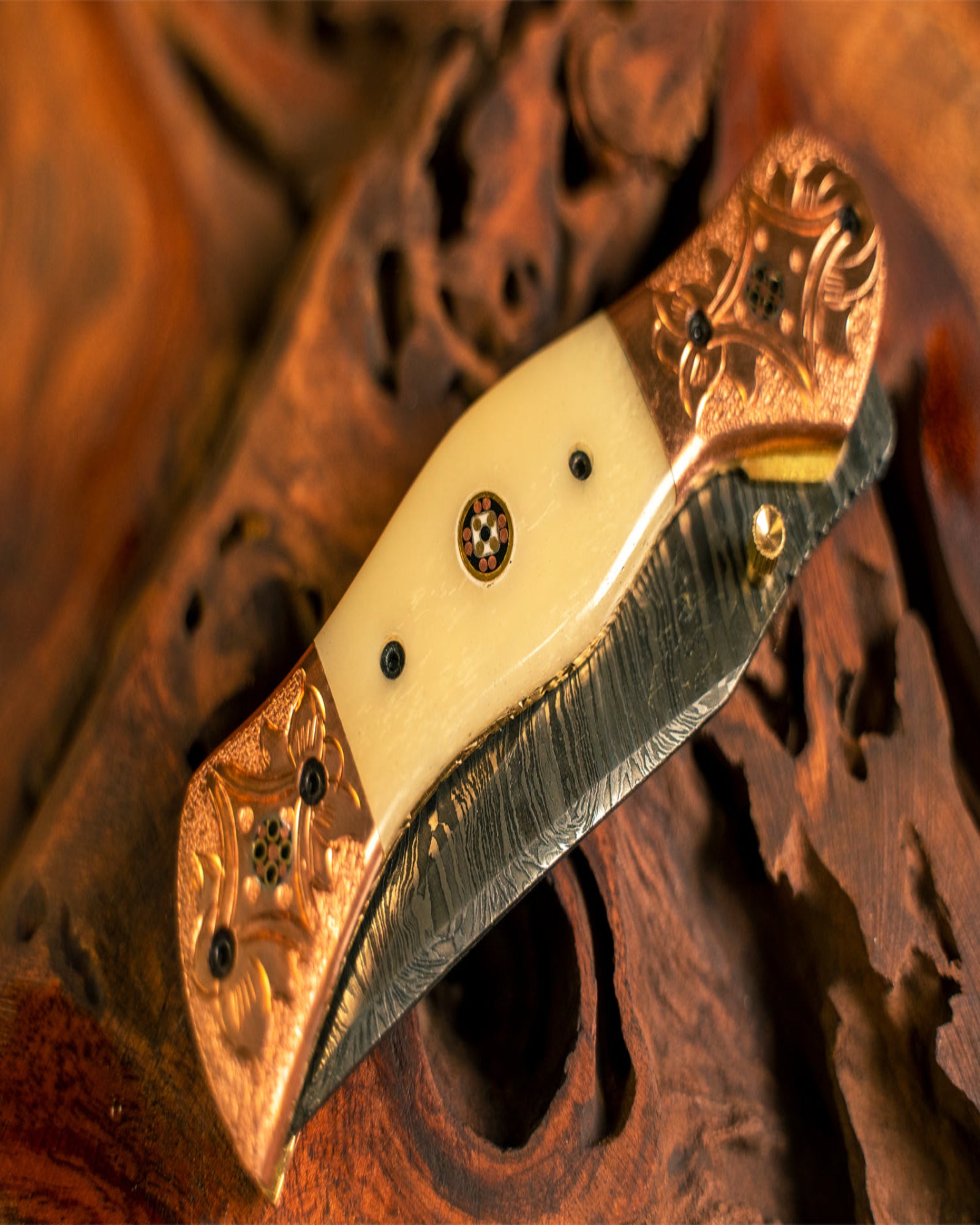 Handmade Damascus Steel Folding Knife with Double Copper – Hand-Tooled Pocket Knife
