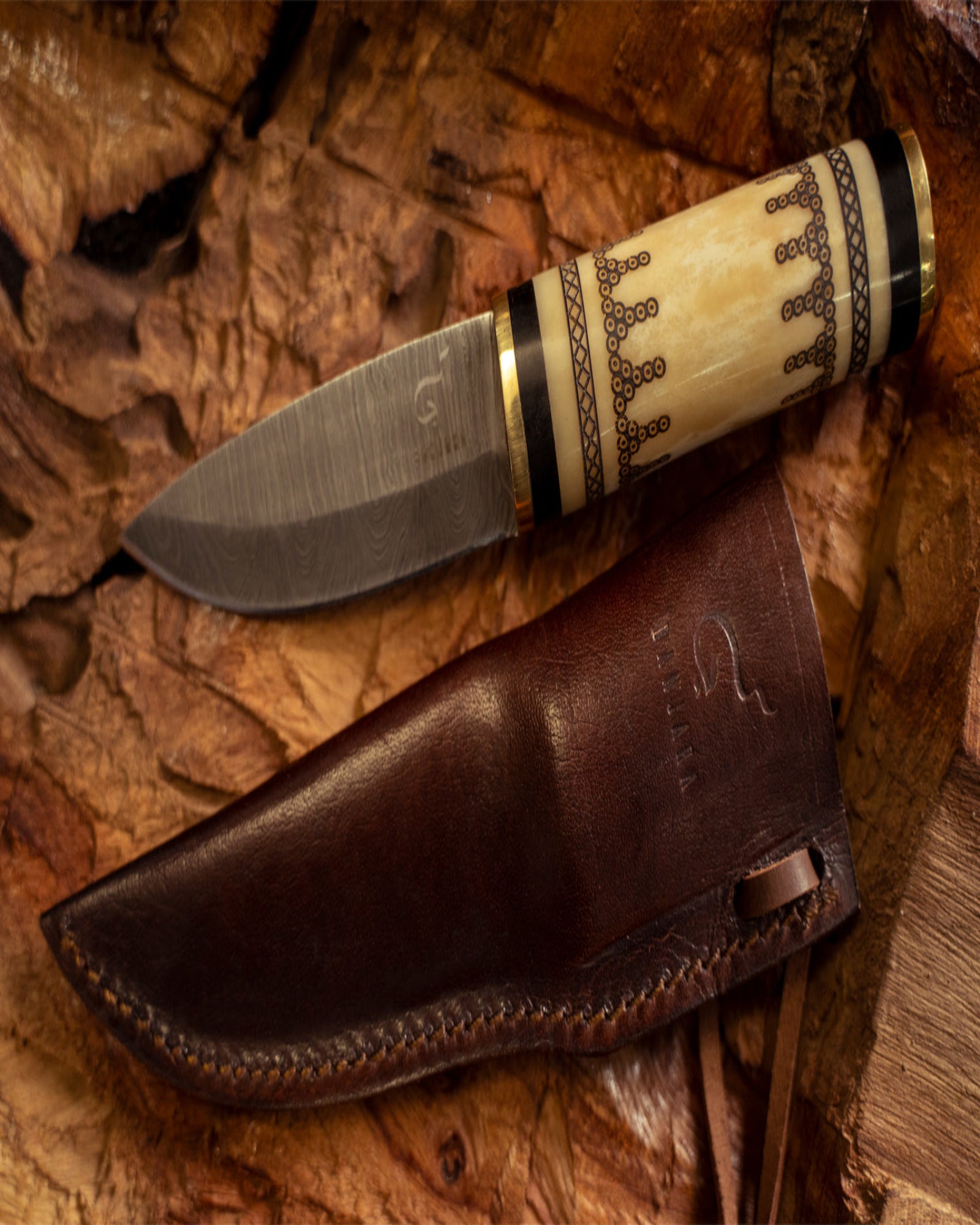 8″ Damascus Skimmer With Bone Handle Laser Engraved