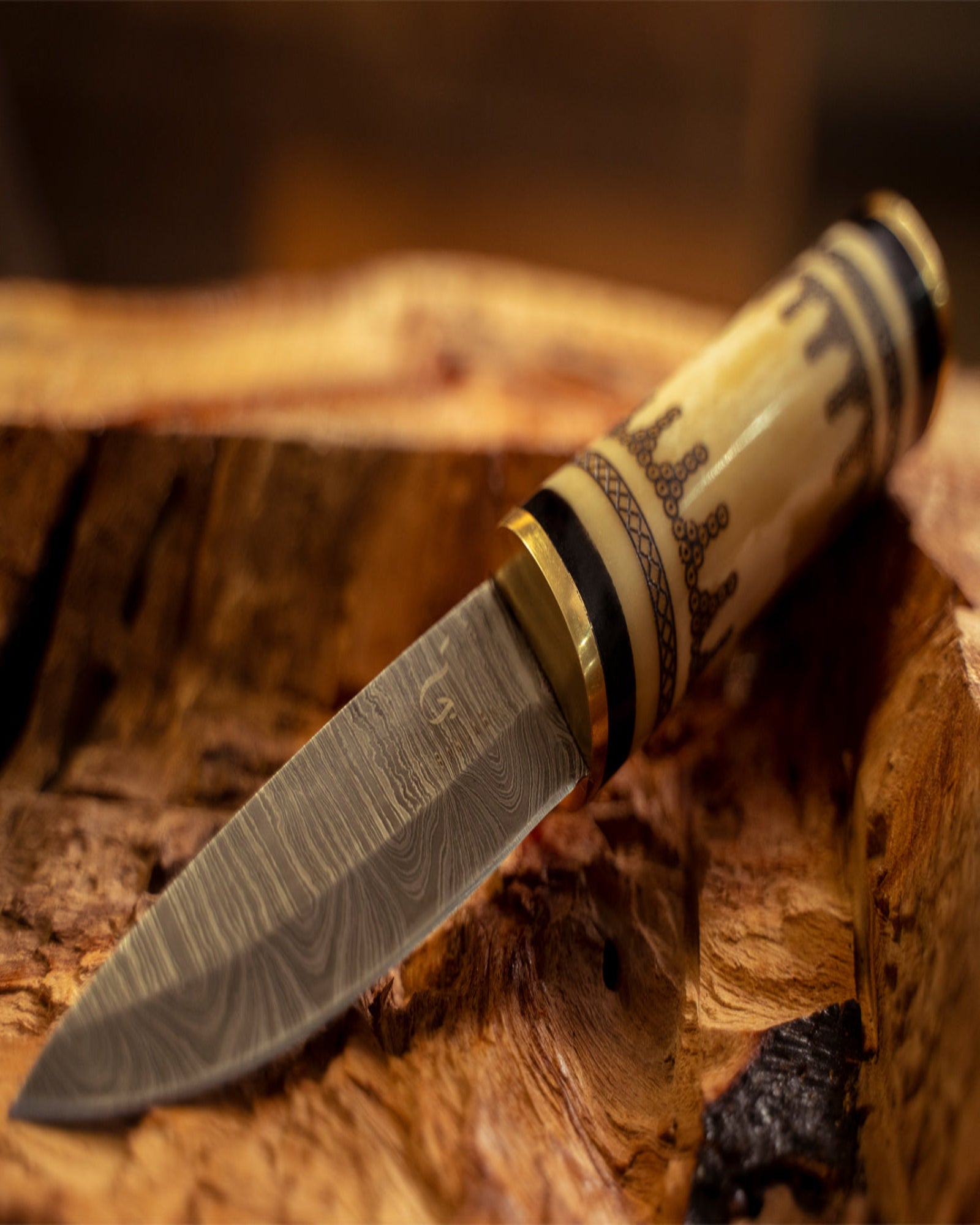 8″ Damascus Skimmer With Bone Handle Laser Engraved